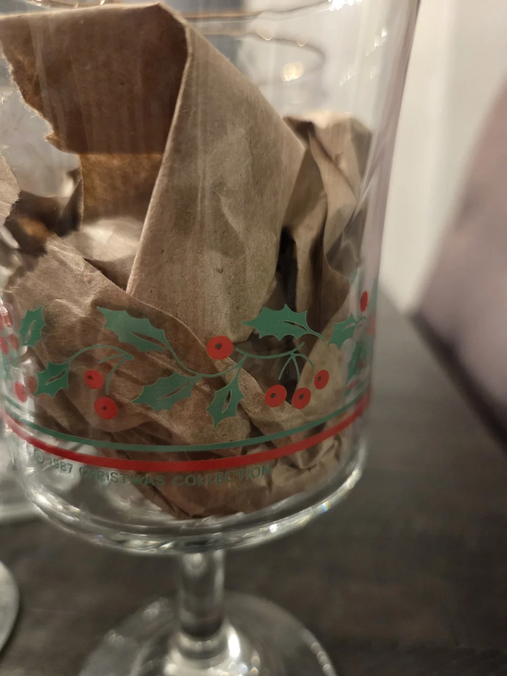 1987 Vintage Holiday Holly Stemmed Glass - Clear with Green & Red And Gold Rim